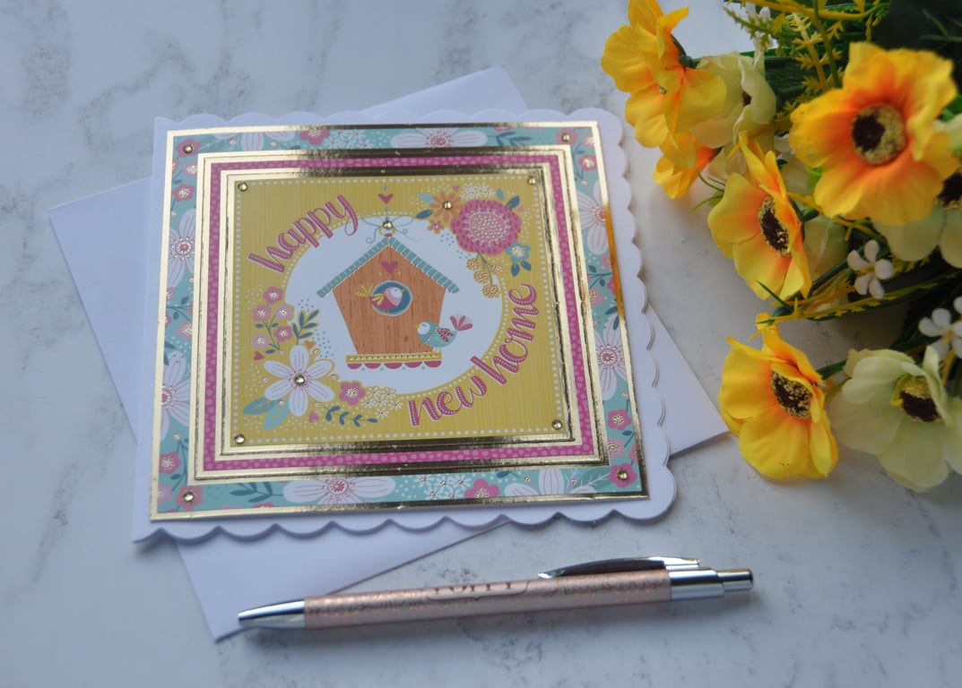 Happy New Home Card Birds Birdhouse Flowers 3D Luxury Handmade Card