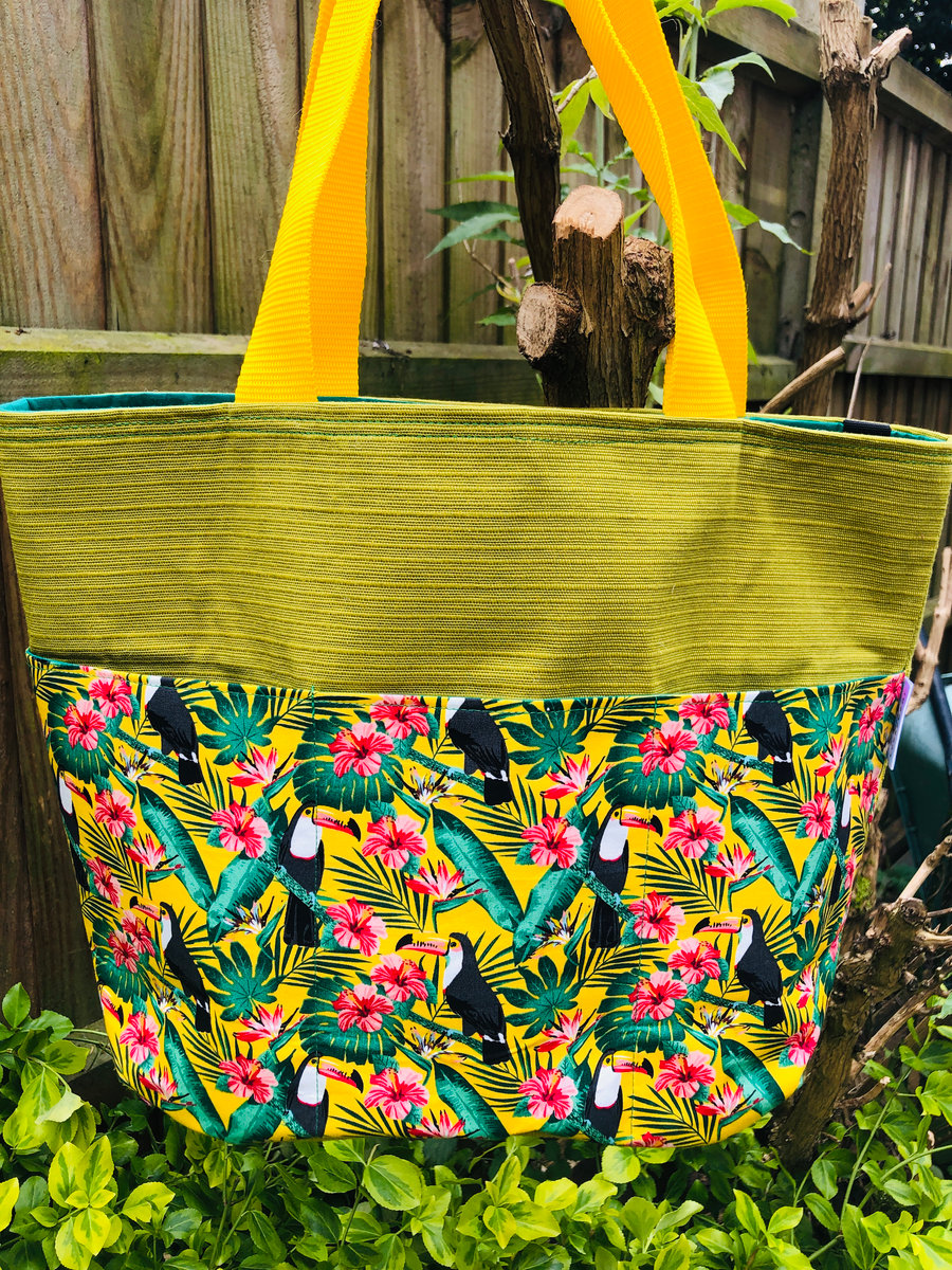 Tropical toucan tote bag; toucan print bag; tropical tote