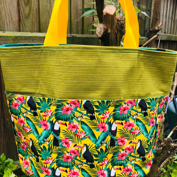 Tropical toucan tote bag; toucan print bag; tropical tote