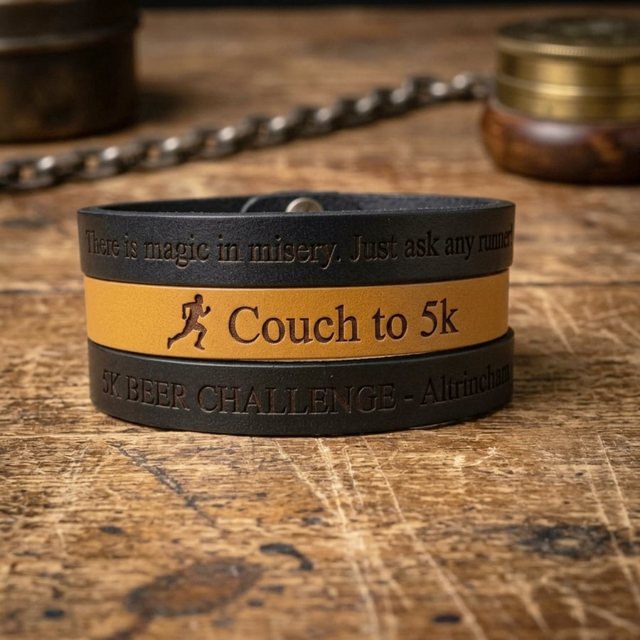 5K Runners Bracelet - Leather - Personalised - Choice of Colours - Adjustable