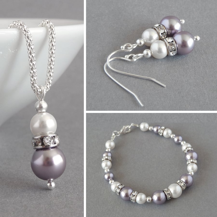 Lilac and White Pearl Jewellery Set - Mauve Necklace, Bracelet and Drop Earrings