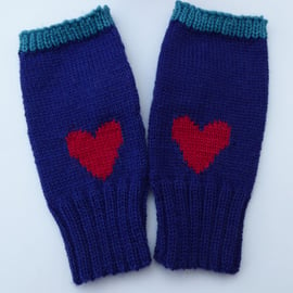 Navy Fingerless Wool Gloves with Love Heart