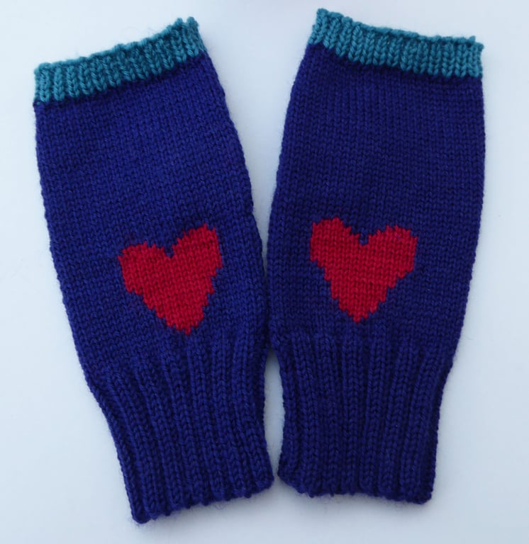 Navy Fingerless Wool Gloves with Love Heart