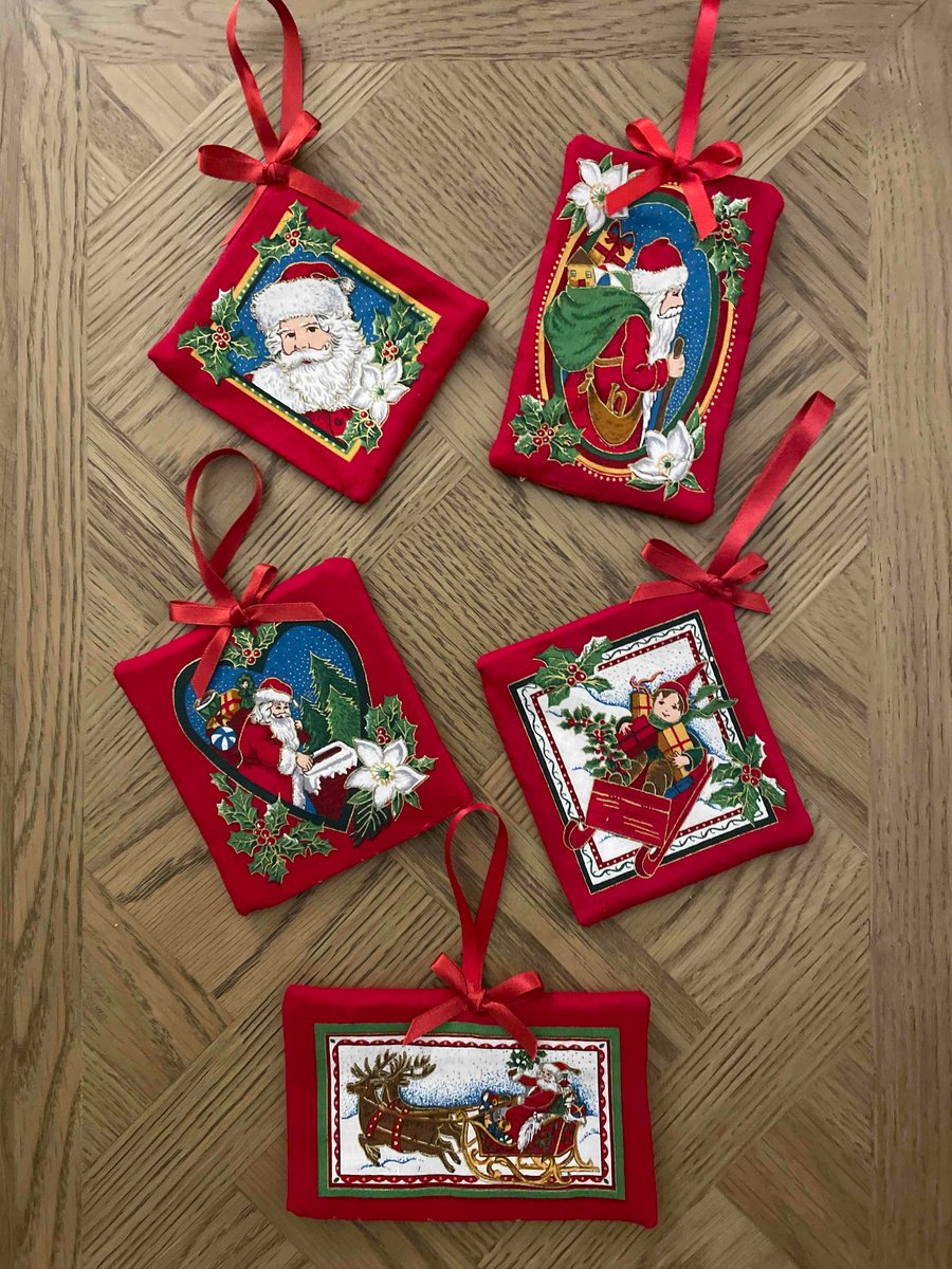 Set of Five Handmade Padded Fabric Vintage Style Christmas Tree Hangers