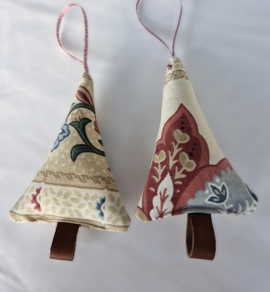Pair of hand crafted fabric christmas tree decorations with leather trunk