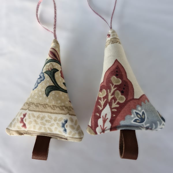 Pair of hand crafted fabric christmas tree decorations with leather trunk