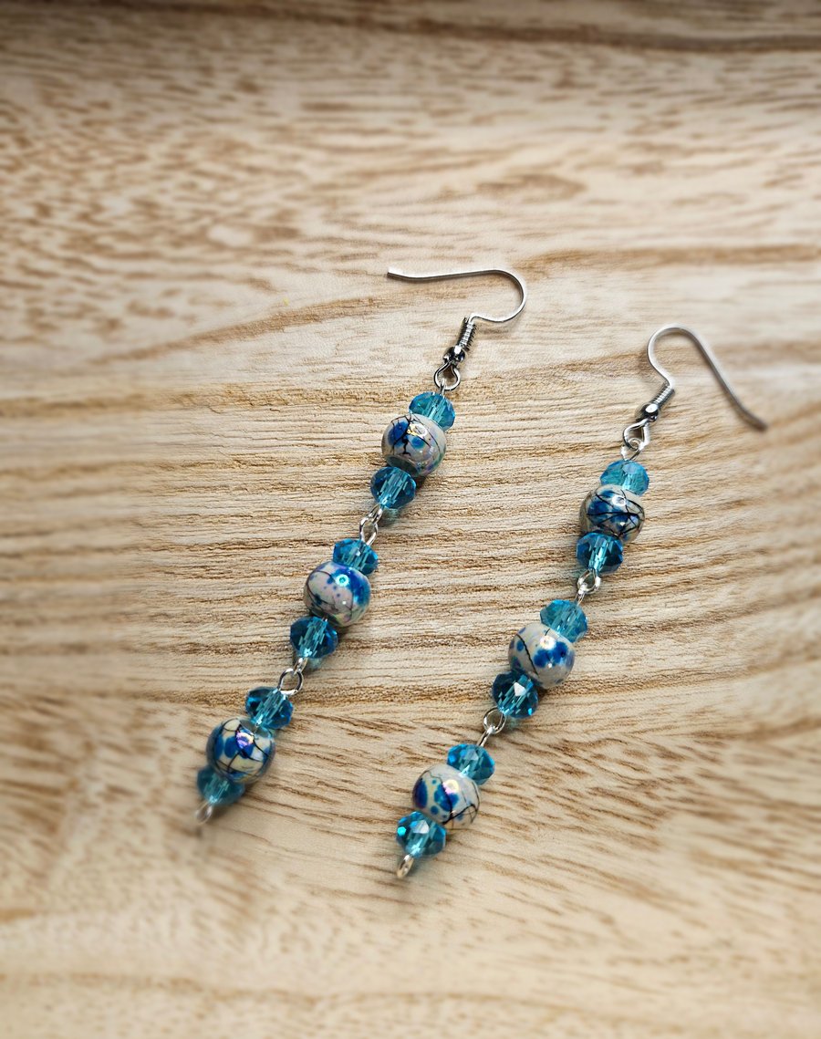Blue Beaded Dangle Earrings 