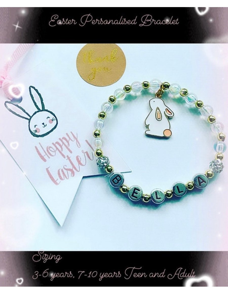 Rabbit charm stretch beaded ab crystal bracelet personalised