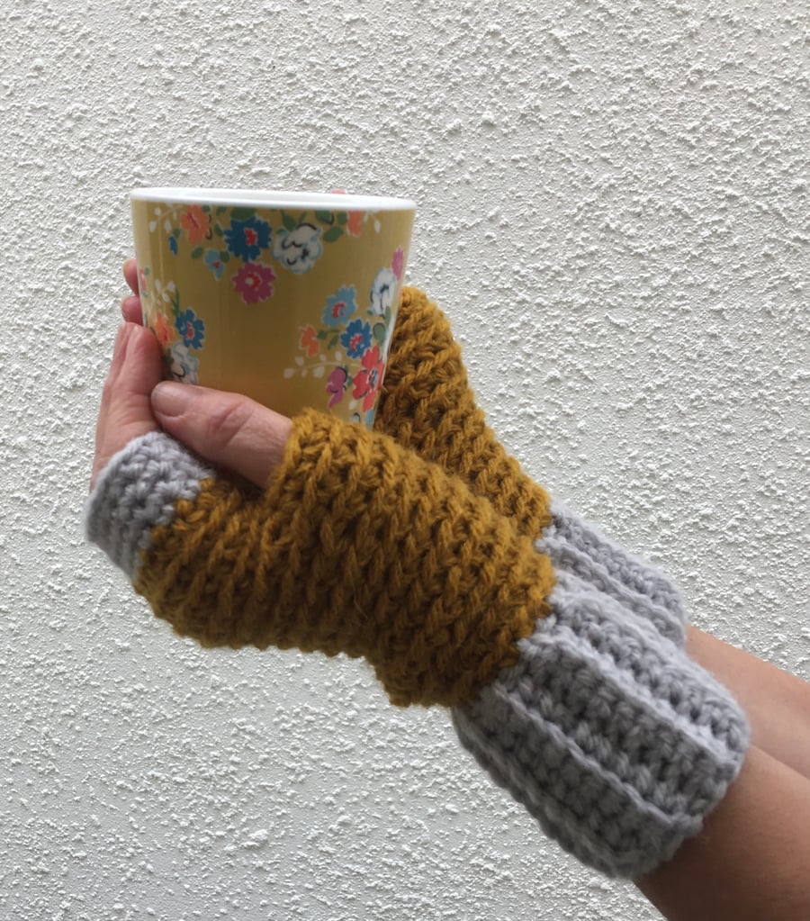 FINGERLESS MITTS. 'Plym  Valley '  .Wool , alpaca  blend. Mustard,grey.