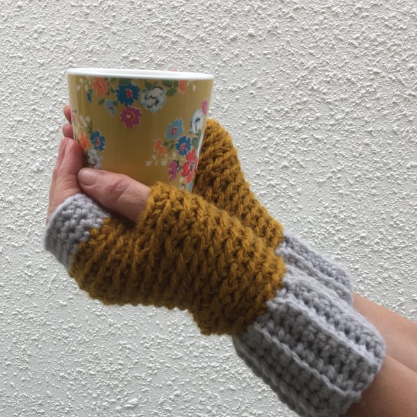 FINGERLESS MITTS. 'Plym  Valley '  .Wool , alpaca  blend. Mustard,grey.