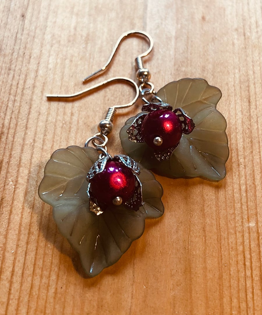 Leaf and hot pink berry earrings 