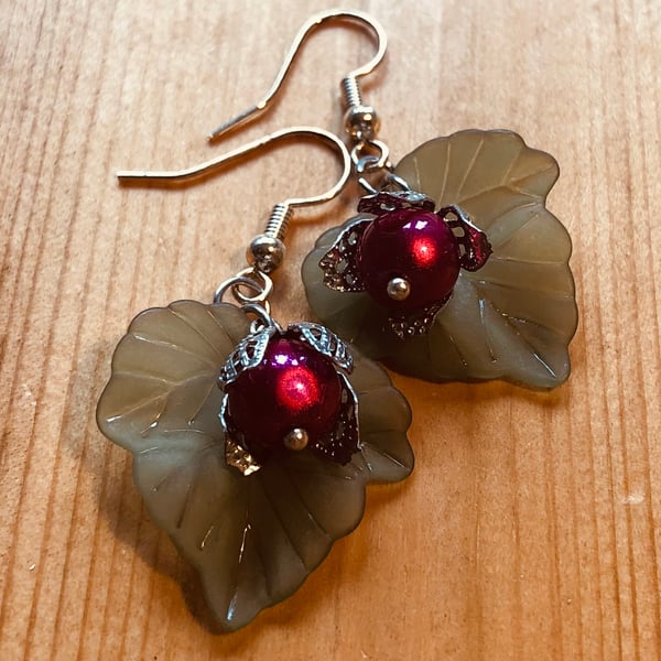 Leaf and hot pink berry earrings 