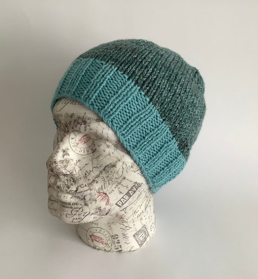 REGULAR BEANIE hat . ' Riverside' . Soft , wool blend . Blues,teal.