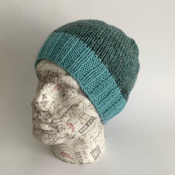REGULAR BEANIE hat . ' Riverside' . Soft , wool blend . Blues,teal.