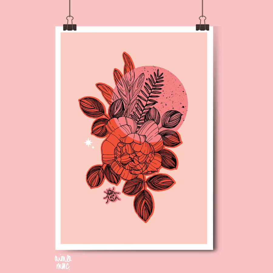 Red & Pink Colour Block Rose and Ladybird Print - A3
