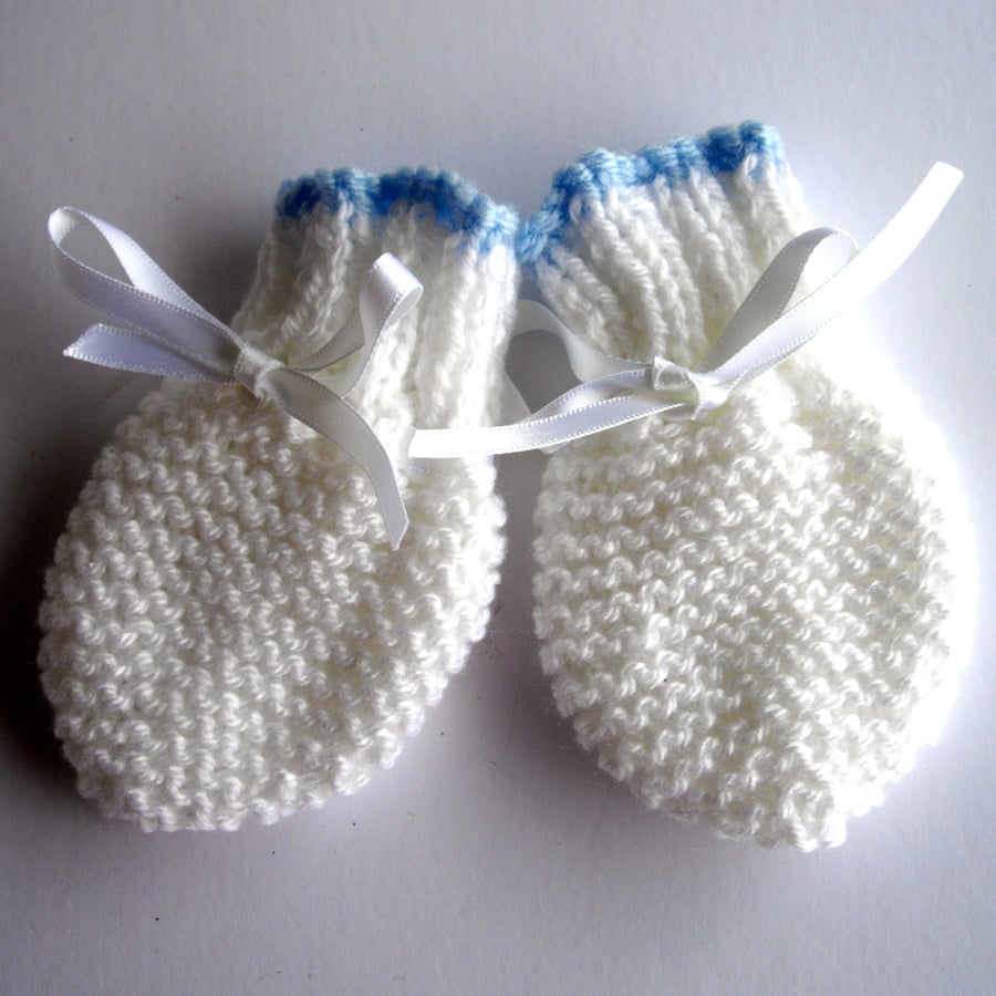 Hand Knitted Blue and White Baby Mittens - UK Free Post
