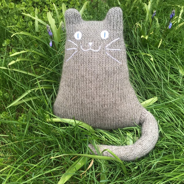 Mohair grey knitted cat cushion, gift for a cat lady