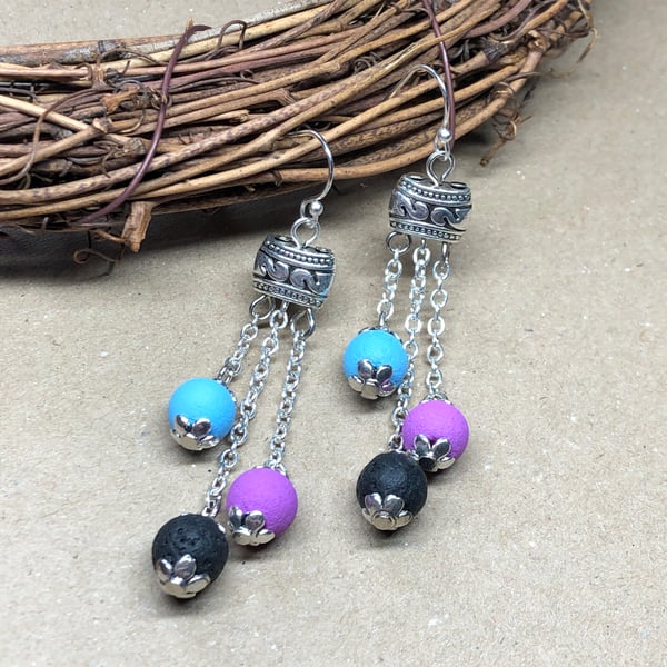 Purple blue and black lava stone earrings