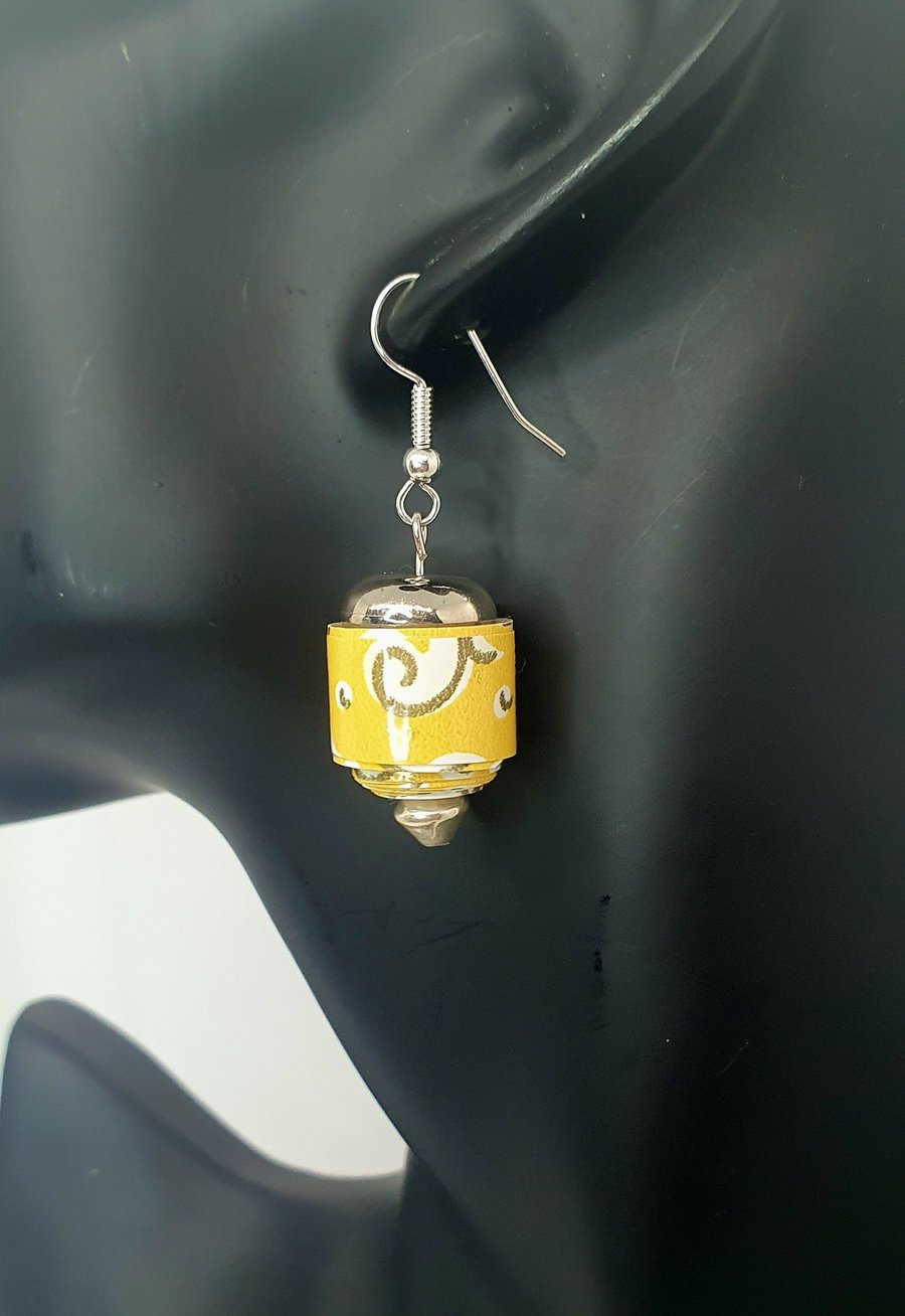 Hand rolled yellow paper beaded earrings with silver preloved beads