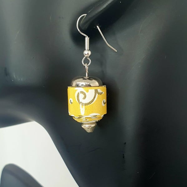 Hand rolled yellow paper beaded earrings with silver preloved beads