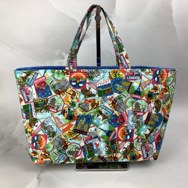 Travel stickers tote bag, Postcards shopper, handmade in Sussex