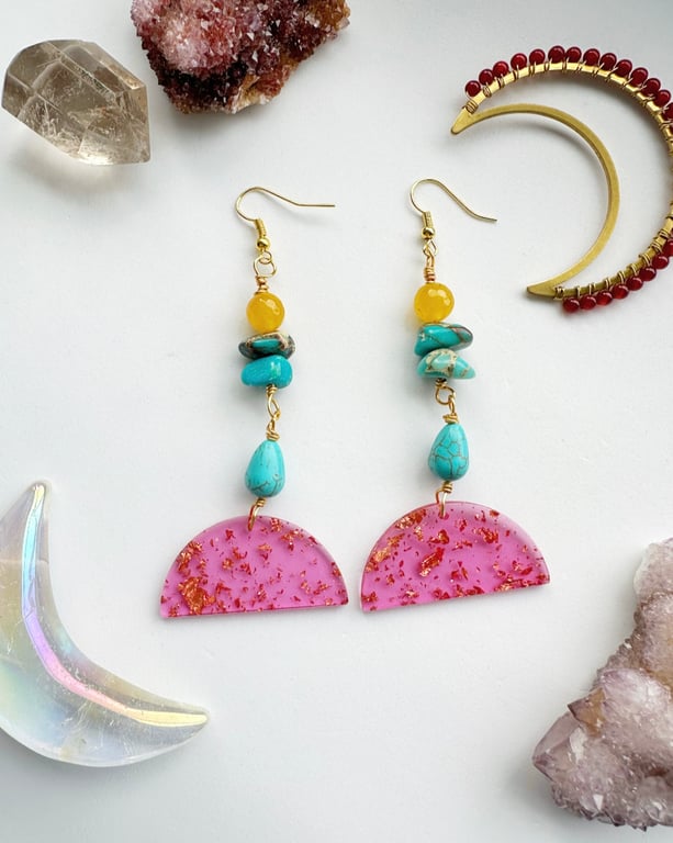 Crystal Moon earrings, Jade, Jasper,Turquoise, Acrylic Gold leaf, Pink Moon Boho