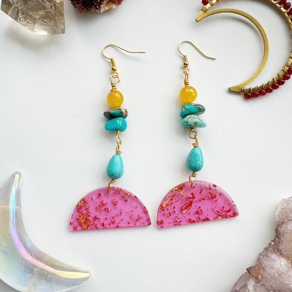 Crystal Moon earrings, Jade, Jasper,Turquoise, Acrylic Gold leaf, Pink Moon Boho