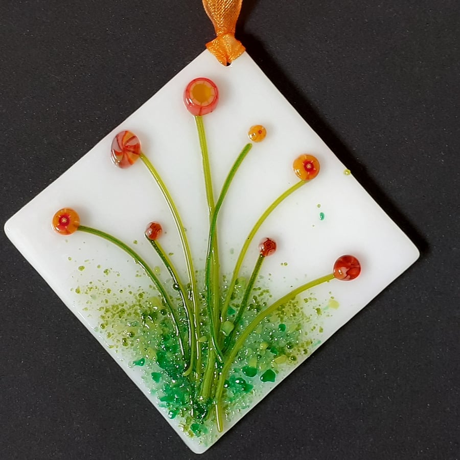 Fused glass mini hanging decoration, orange and yellow flowers, No 3