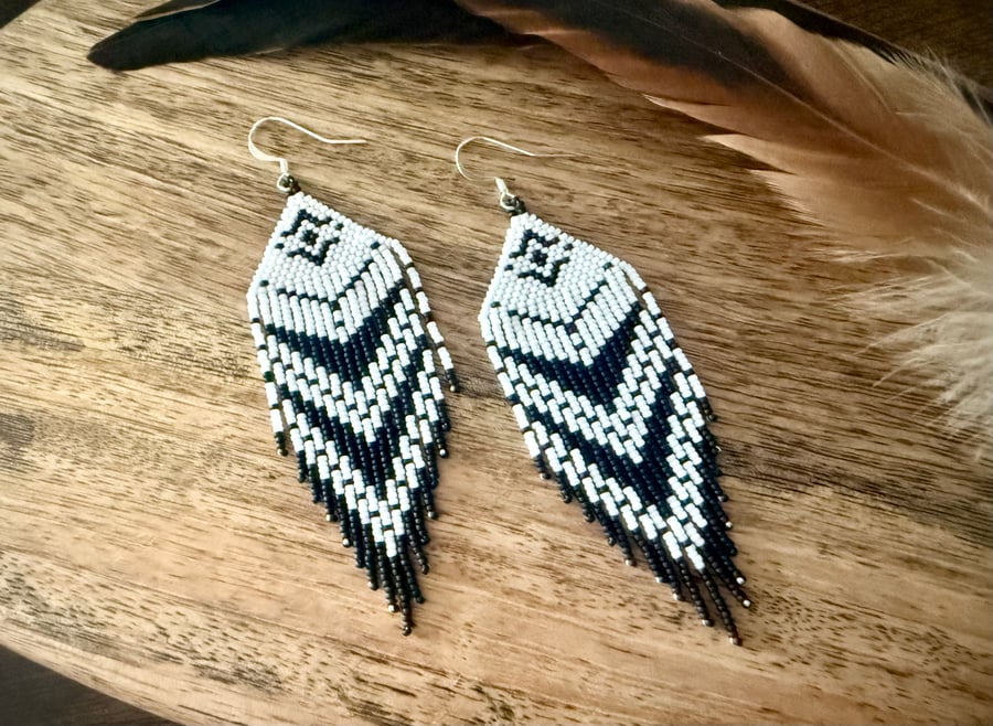Black and white Native American style beadwork fringe earrings