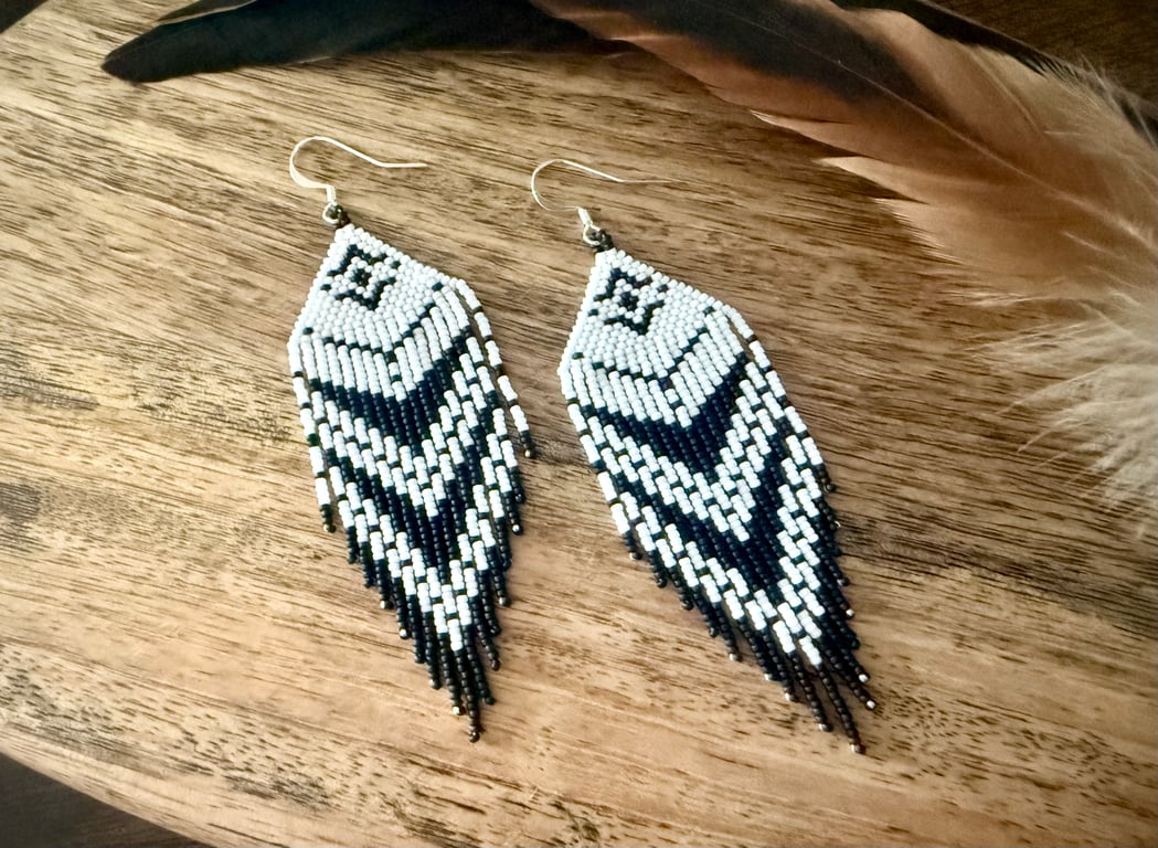 Black and white Native American style beadwork fringe earrings