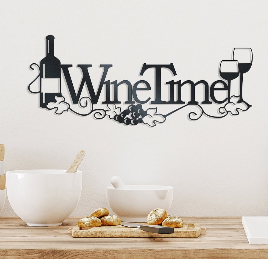 Wine Time Wall Art, Metal Wine Glass and Bottle Design, Kitchen Decoration, Home