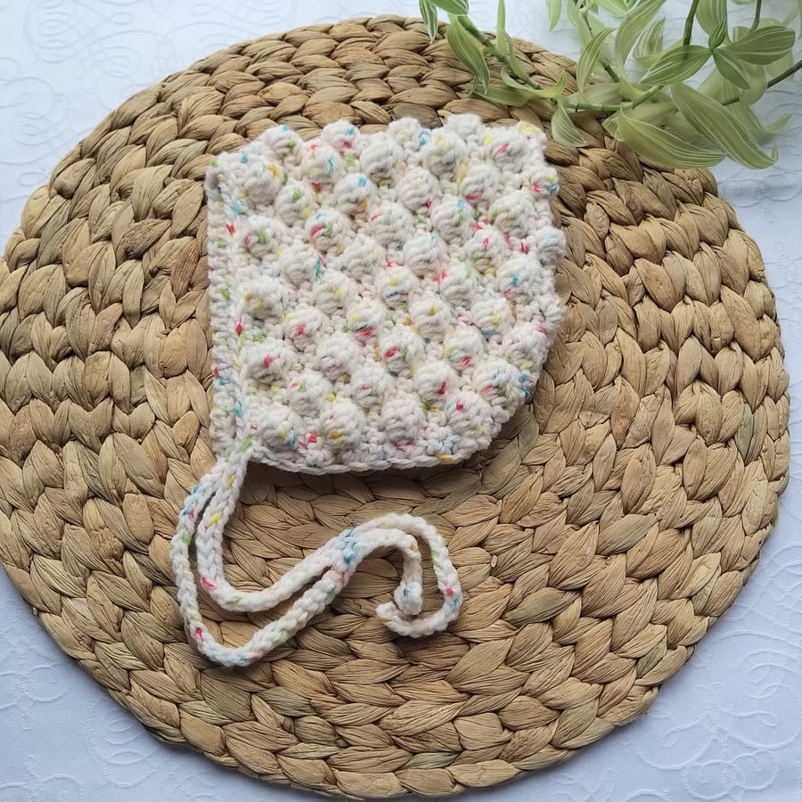 Crochet Baby Pixie Bonnet Cream & Rainbow Flecks 6-12 months