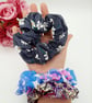 Colourful scrunchies,  set of 3, navy polkadot,  blue floral and purple.   - Image 4