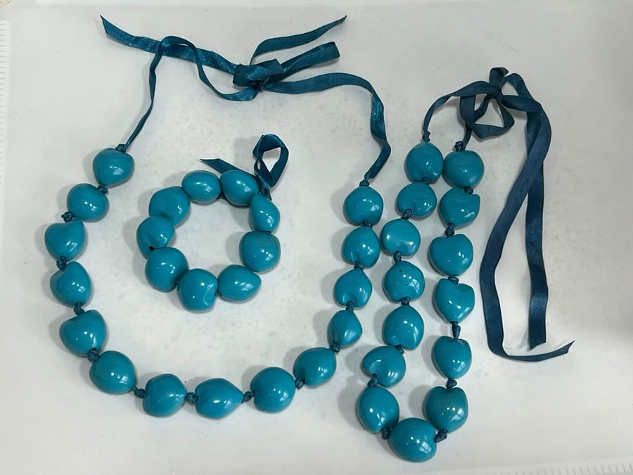 Vintage 90s Turquoise Chunky Bead Necklace Bracelet Set