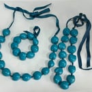 Vintage 90s Turquoise Chunky Bead Necklace Bracelet Set