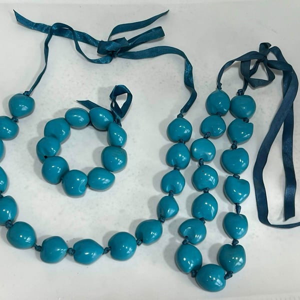 Vintage 90s Turquoise Chunky Bead Necklace Bracelet Set