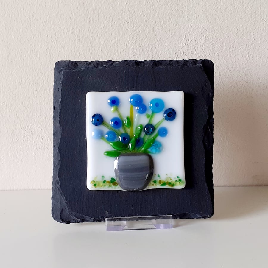 Fused glass pot of blue flowers, mini picture mounted on slate