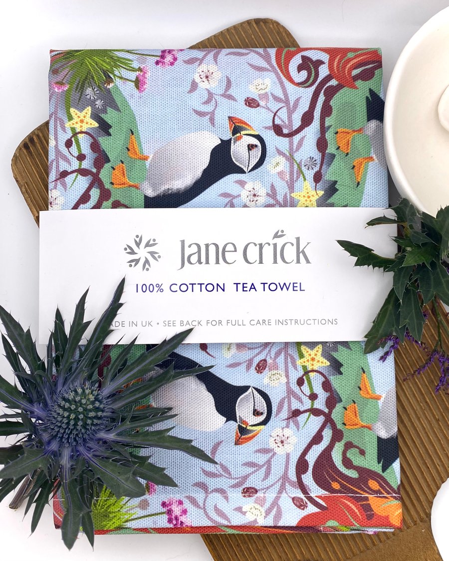 Cute Puffin Cotton Tea Towel - Coastline Flowers, Rock Pool design