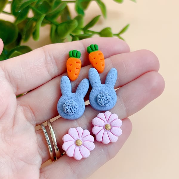 Easter Bunny and Carrot Stud Earrings Set