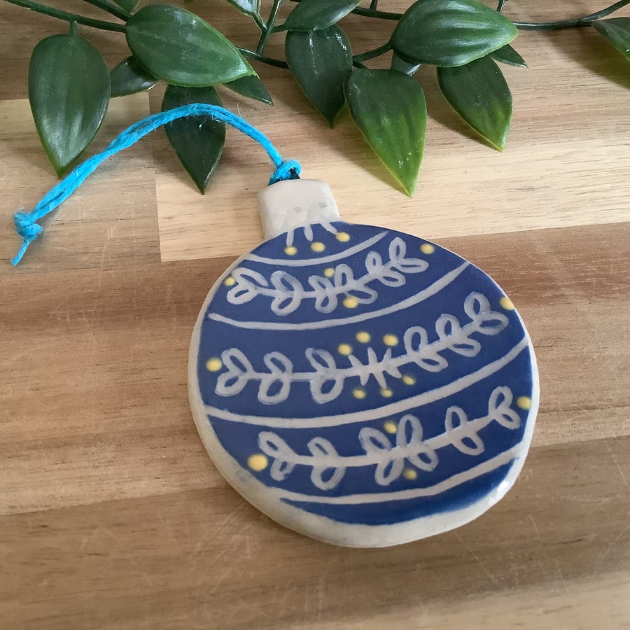 Handmade stoneware blue Christmas bauble tree decoration festive