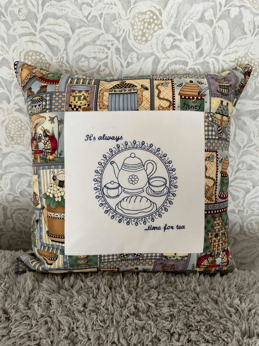 Handmade Embroidered Cushion with Teapot Motif