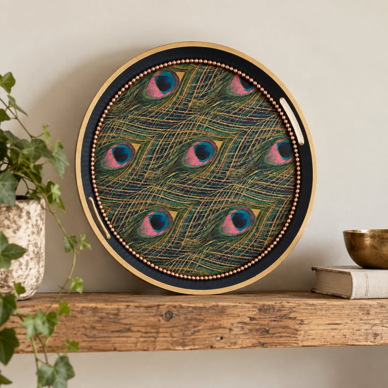 Large navy handpainted decorative tray with peacock feathers
