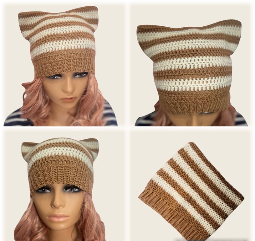 Handmade Winter Striped Cat Beanie Outdoor  Casual Fashion  Hat Pullover Cap