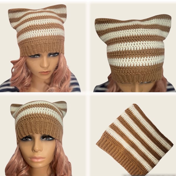 Handmade Winter Striped Cat Beanie Outdoor  Casual Fashion  Hat Pullover Cap