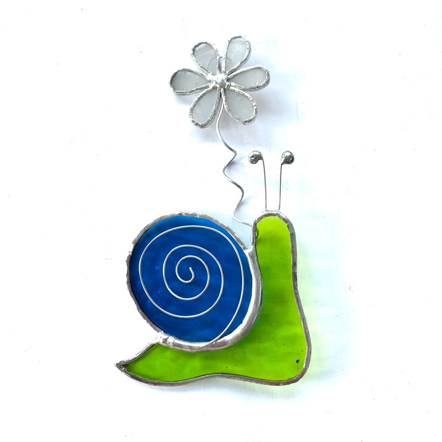 Stained Glass Snail Suncatcher - Handmade Window Decoration - Lime and Turquoise