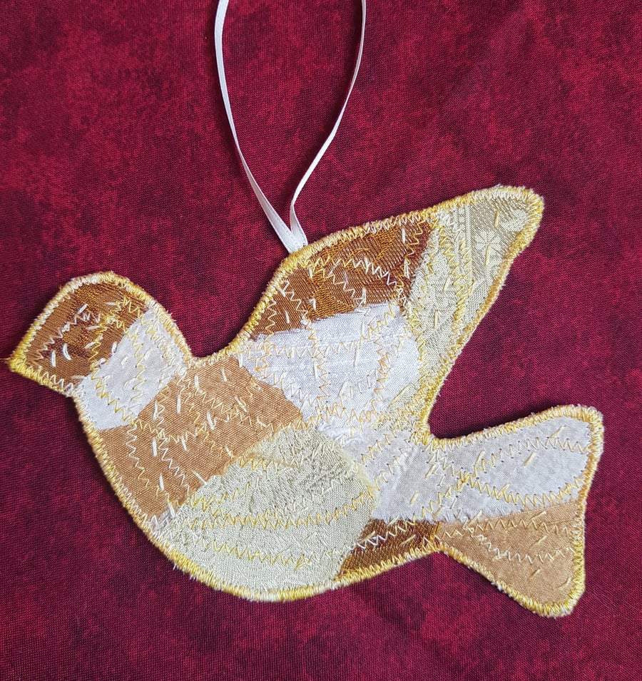 Sari silk dove hanging decoration: ivory and gold