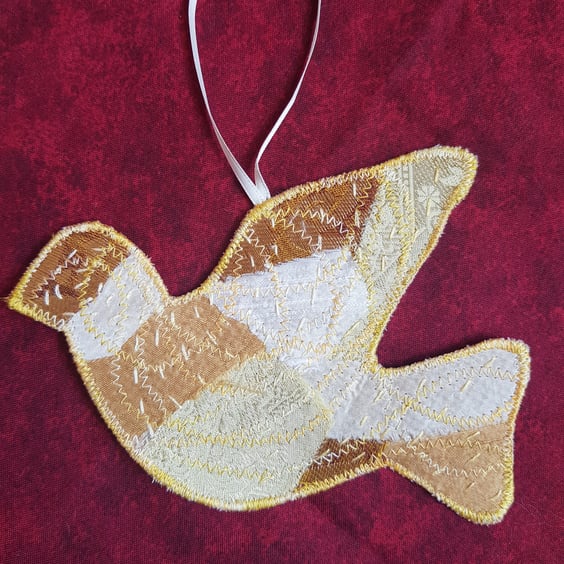 Sari silk dove hanging decoration: ivory and gold