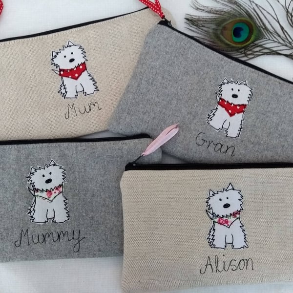 Personalised Westie Pencil Case with Custom Name - Linen or Grey - Terrier Dog