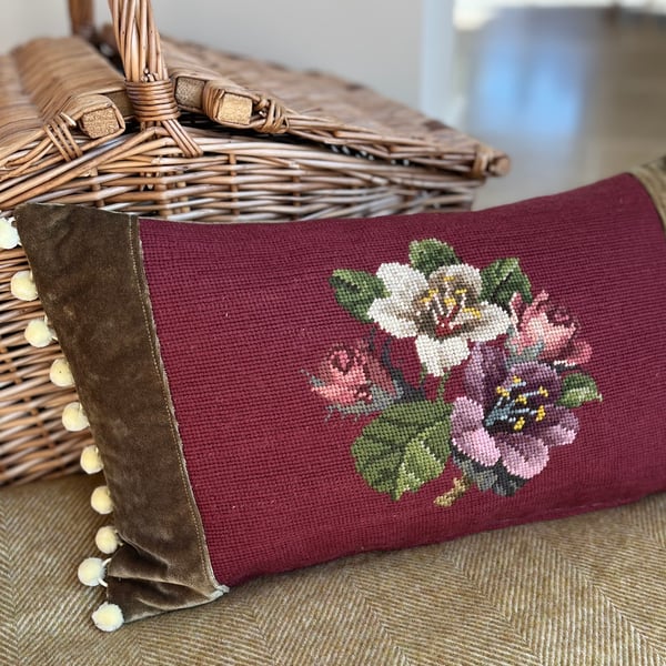 Plum floral tapestry cushion with olive velvet and pompoms 