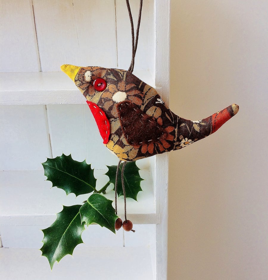 Retro Robin in 70s Brown Daisy Chain Jonelle vintage fabric by WittyDawn